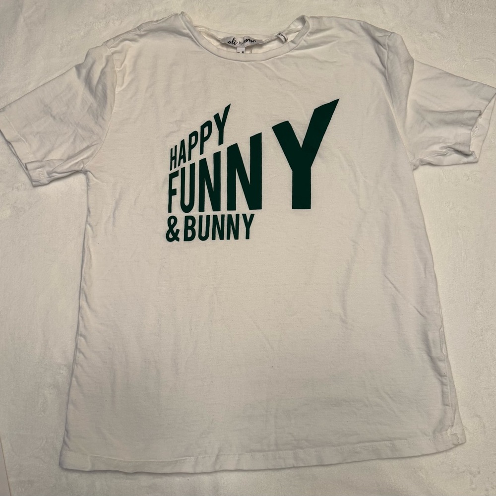 NWOT Girls White T-Shirt With Green Print: Happy Funny & Bunny Great For Easter
